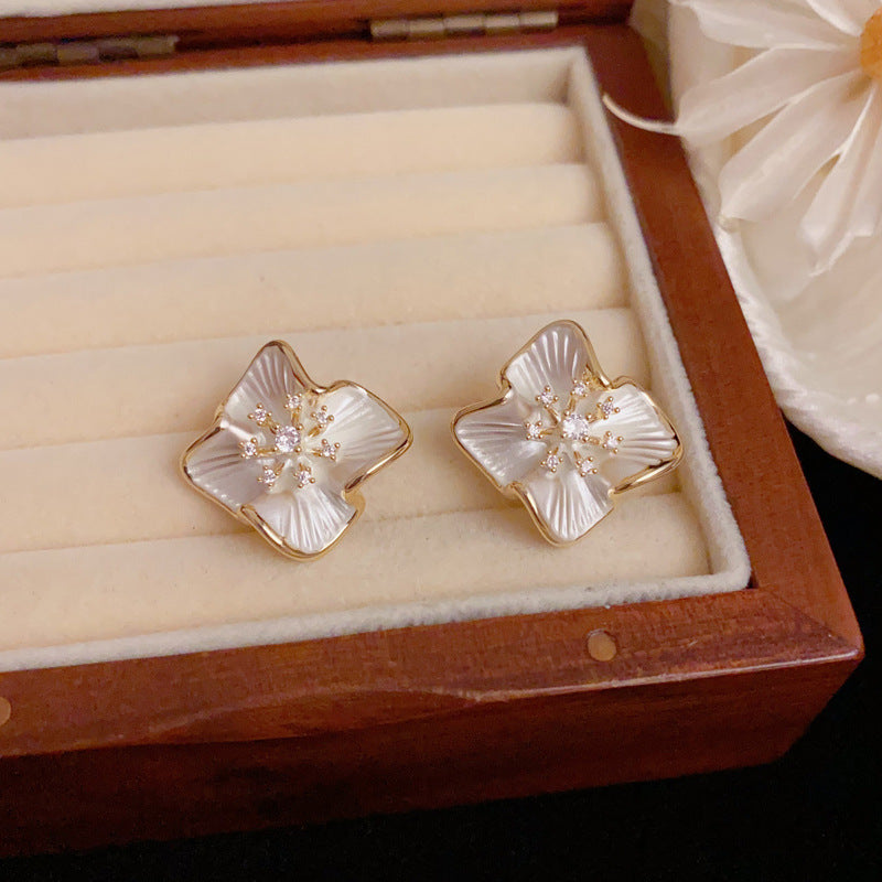 Luxury Zircon Metal Petal Stud Earrings – Floral Design