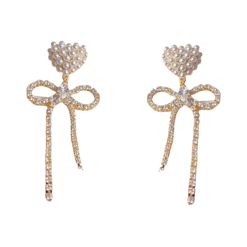 Elegant Pearl Heart Zircon Bow Drop Earrings – Romantic Design