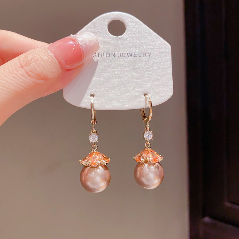 Eaioncol Coffee Gold CZ Petal Pearl Drop Earrings