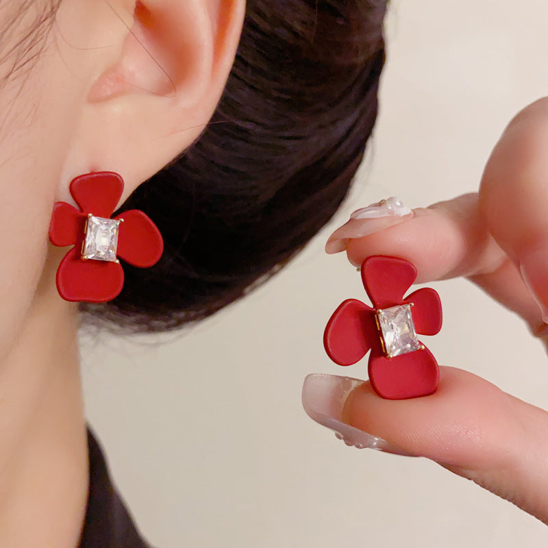 Luxury Red Square Zircon Petal Stud Earrings – Floral Design