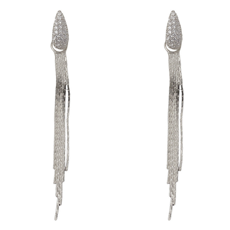 Elegant Zircon Teardrop Long Tassel Drop Earrings – Geometric Design