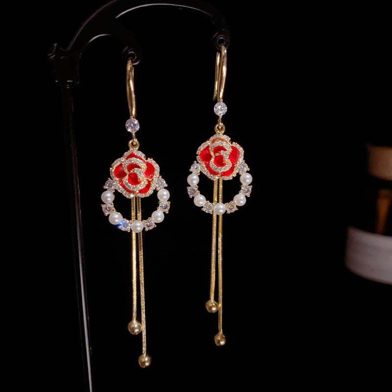 14K Gold-Plated Red Camellia Circle Tassel Earrings - Elegant Design