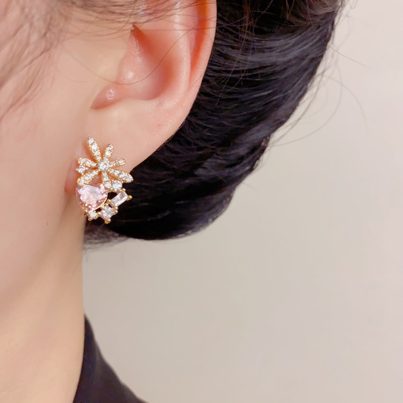 Eaioncol Floral Heart CZ Stud Earrings Gold Silver