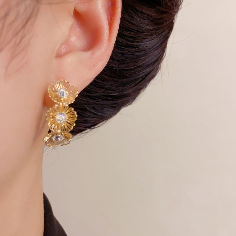 Elegant Zircon Hollow Petal Hoop Earrings – French Floral Design