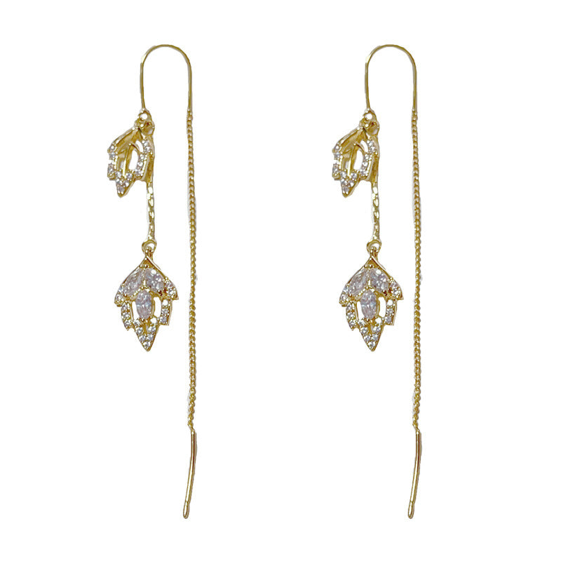 14K Gold-Plated Full Diamond Leaf Tassel Earrings -Elegant Drop Design