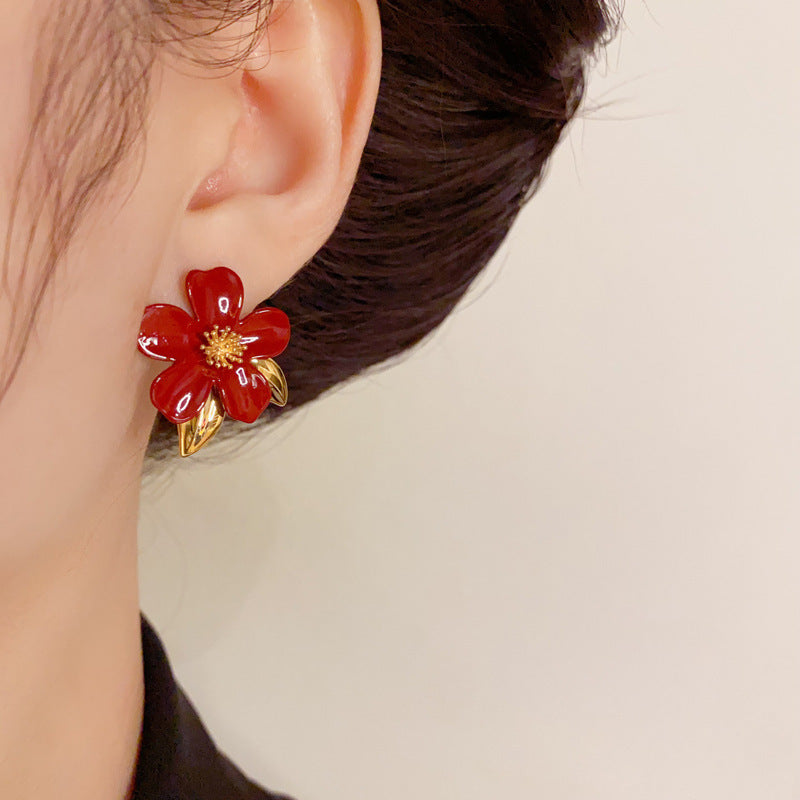 Elegant Ankara Red Camellia Stud Gold Earrings – Floral Design