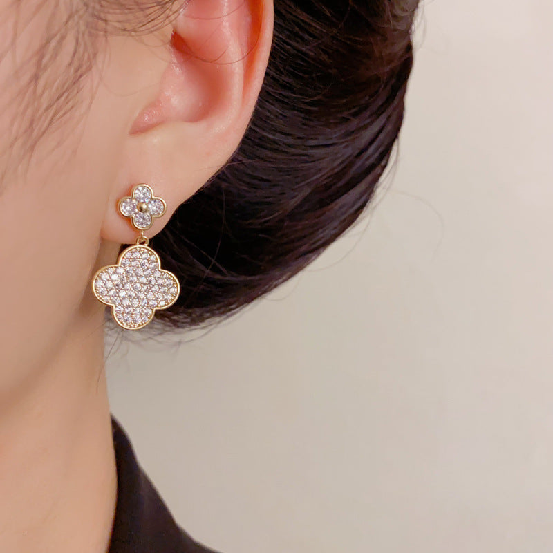 Luxury Zircon Four-Leaf Clover Drop Earrings – Elegant Floral Design