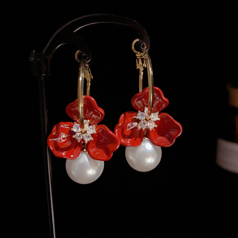 14K Gold-Plated Red Flower Pearl Earrings - Vintage Statement Design