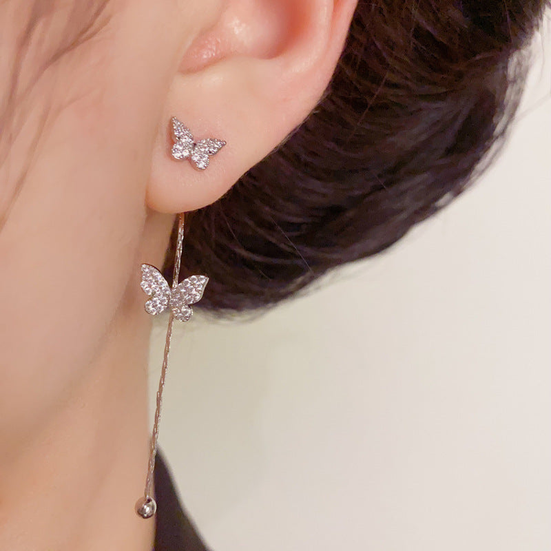 Luxury Butterfly Front-Back Tassel Drop Earrings – S925 Silver Needle