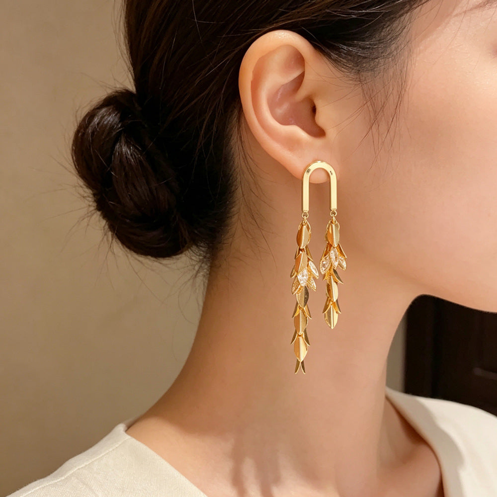 Eaioncol Geometric Wheat Tassel Drop Earrings Gold