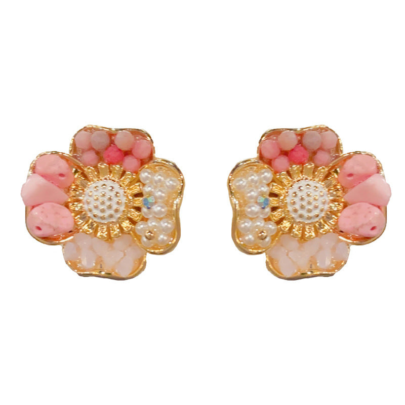 Eaioncol Vintage Crystal Bead Stone Petal Stud Earrings Gold