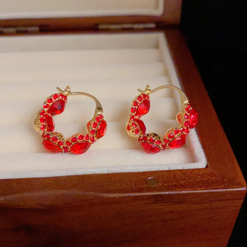 14K Gold-Plated Red Zircon Hoop Earrings - Elegant Minimalist Design