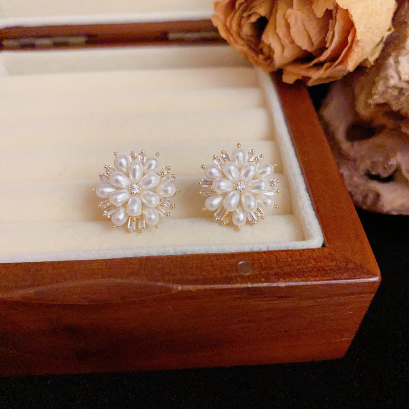 Luxury Zircon & Pearl Petal Stud Flower Earrings – Elegant Design