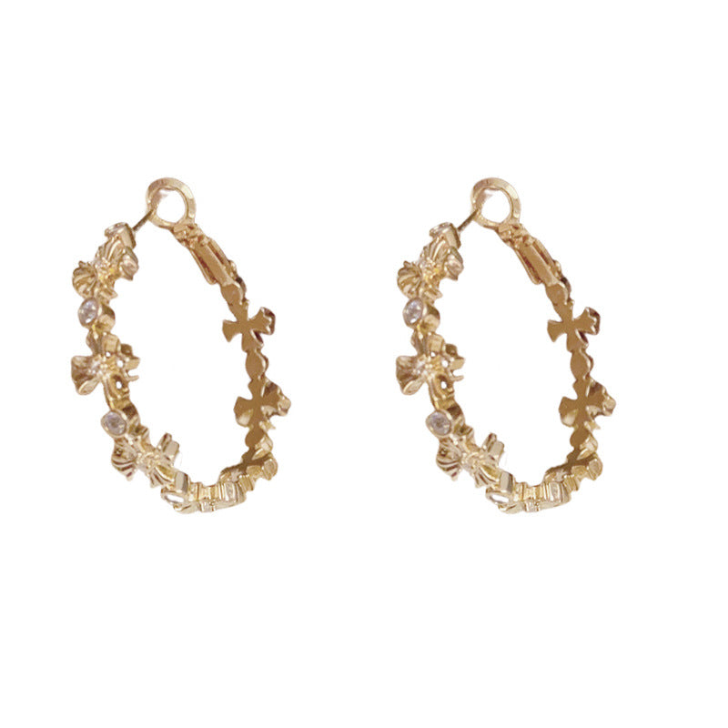 Luxury Metal Cross Hoop Earrings – Silver Needle Geometric Design