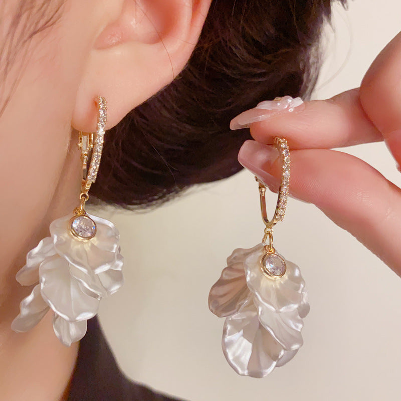 14K Gold Luxury Zircon White Petal Tassel Drop Earrings–Elegant Design