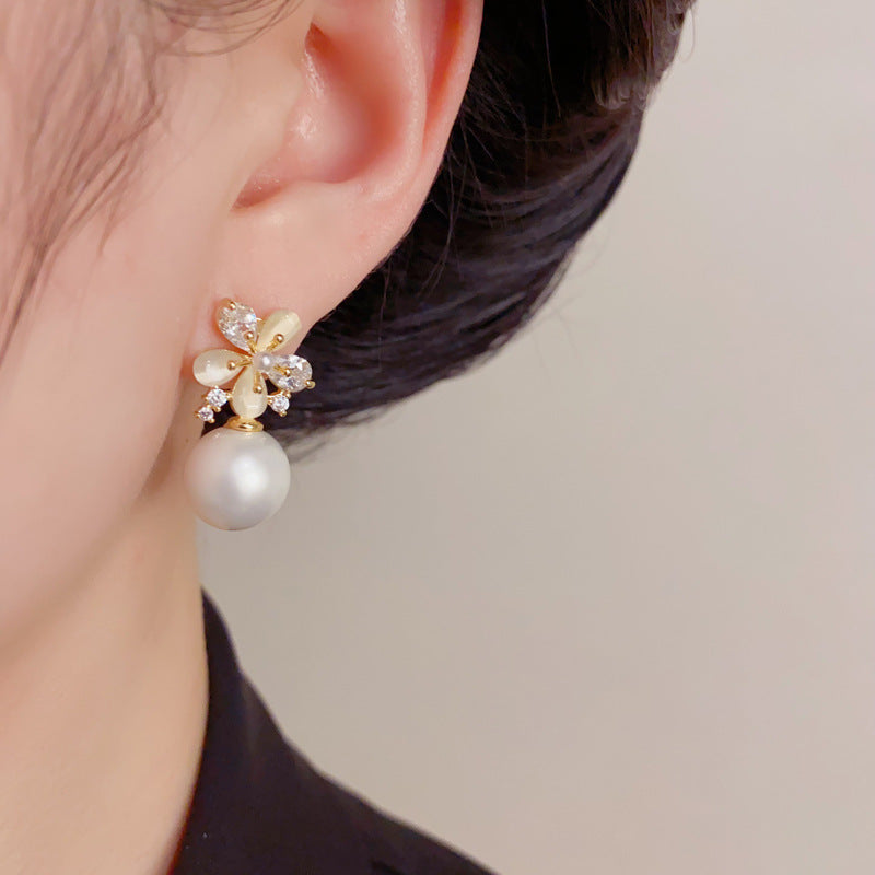 Eaioncol Floral Petal Pearl Stud Earrings Gold