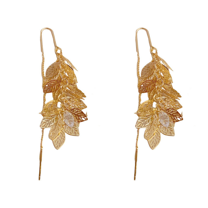 Luxury Hollow Metal Leaf Tassel Ear Threader Earrings – Elegant Design