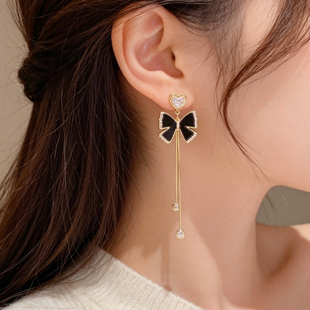 Eaioncol CZ Heart Black Butterfly Tassel Earrings 14K Gold Plated