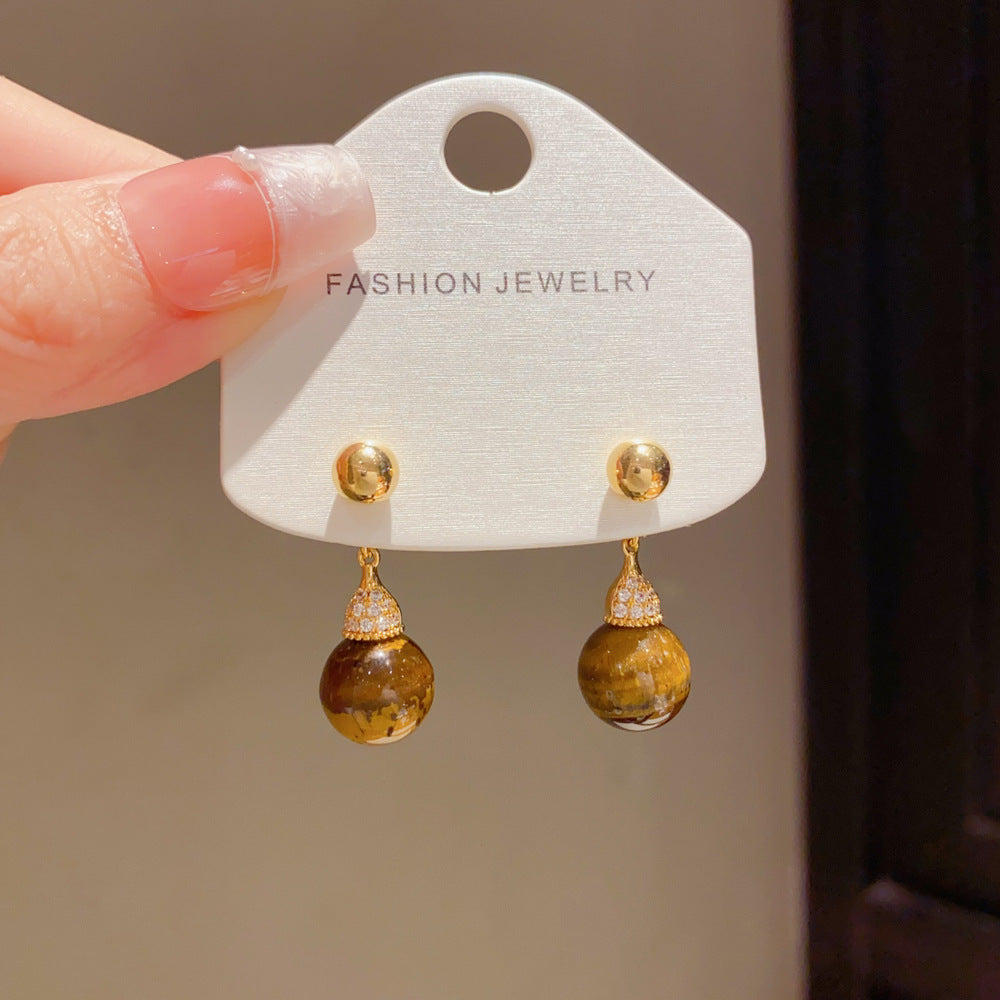 Eaioncol Two-Way Tiger Eye Drop Earrings 14K Gold Plated