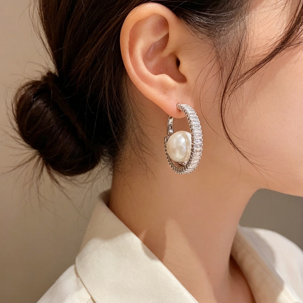Eaioncol Full CZ Pearl Circle Hoop Earrings 14K Gold & Silver Plated