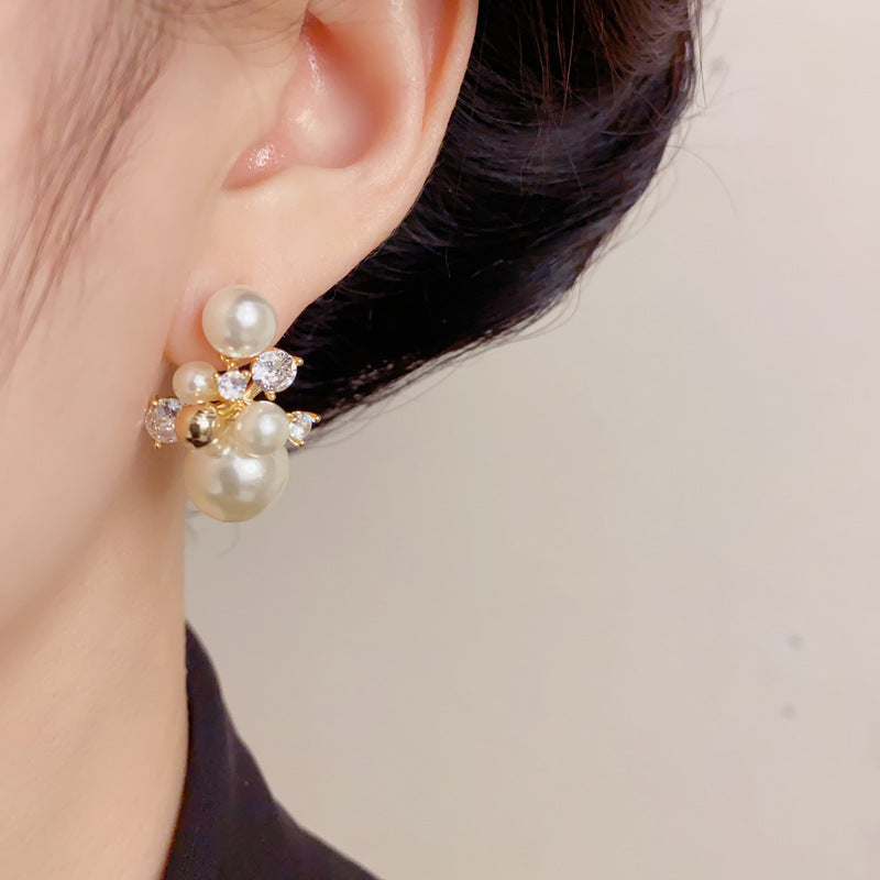 Elegant Zircon Metal Pearl Ball Hoop Earrings – French Gentle Design
