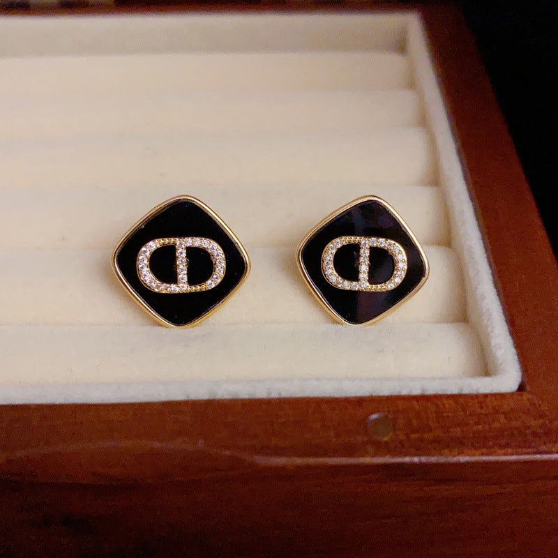 14K Gold-Plated Black D Letter Crystal Earrings-Chic Minimalist Design