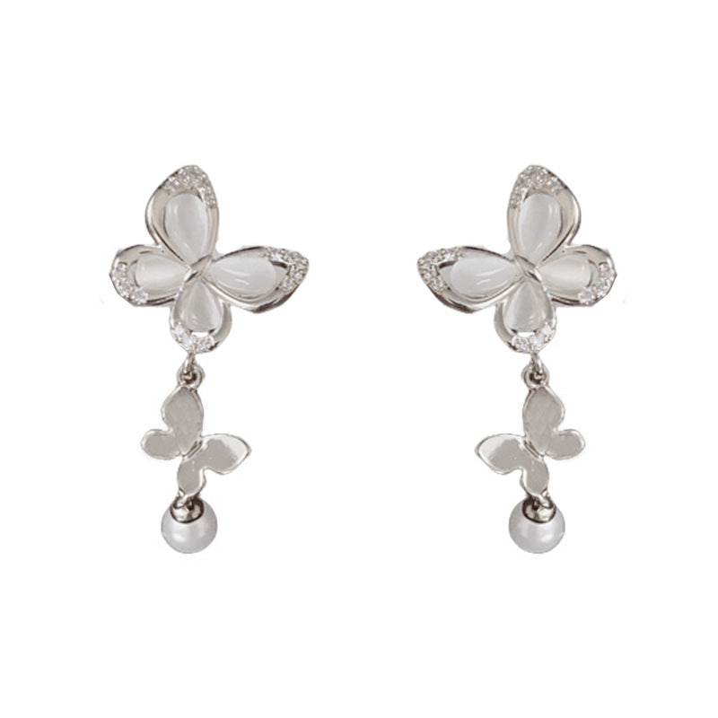 Luxury Zircon Butterfly & Pearl Tassel Drop Earrings – Elegant Design