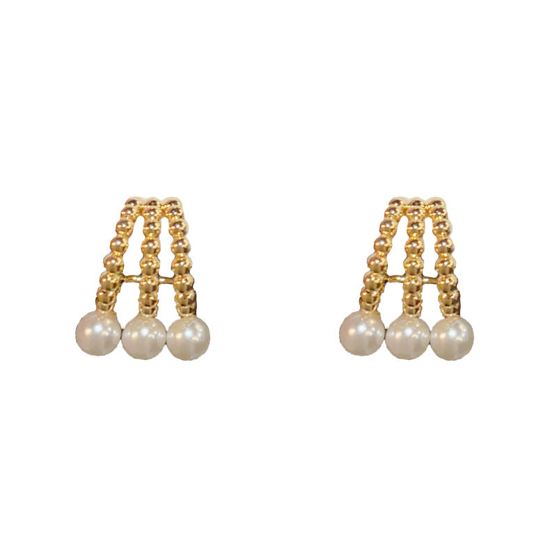 14K Gold-Plated Three-Row Pearl Hoop Earrings - Minimalist Elegance