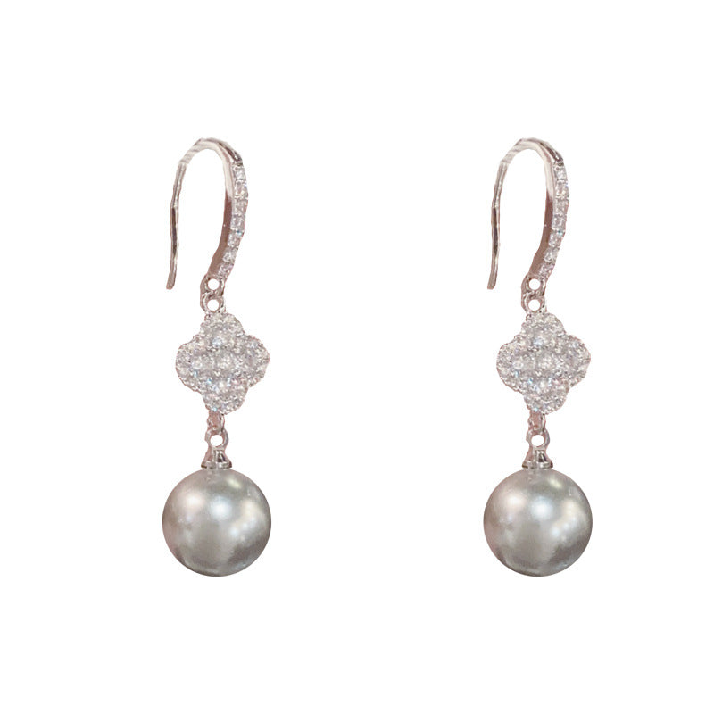 Elegant Zircon Four-Leaf Flower Gray Pearl Ear Hooks – French Design