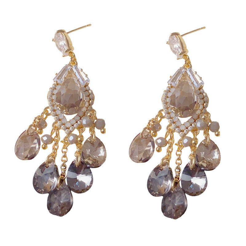 Elegant Crystal Teardrop Tassel Drop Earrings – French Retro Design