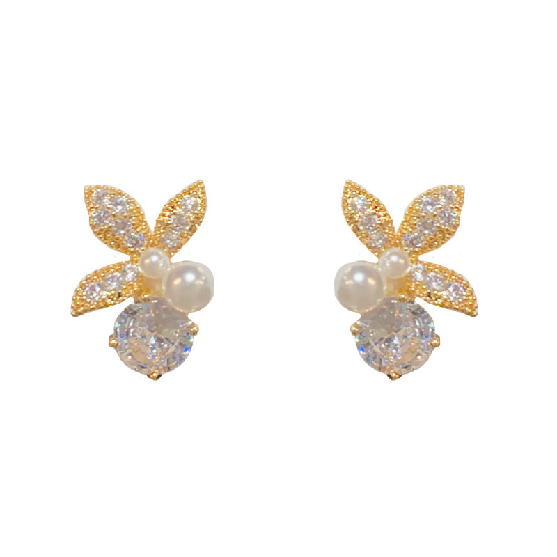 14K Gold-Plated Zircon Leaf Pearl Stud Earrings - Elegant Leaf Design