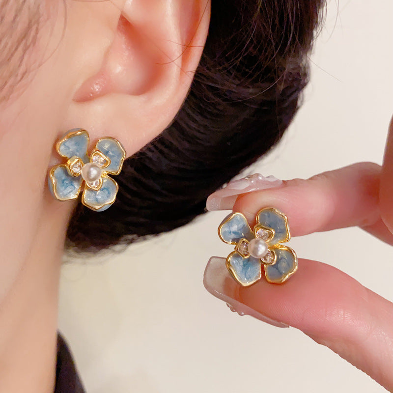 Luxury Enamel Blue Pearl Petal Stud Earrings – Elegant Flower Design
