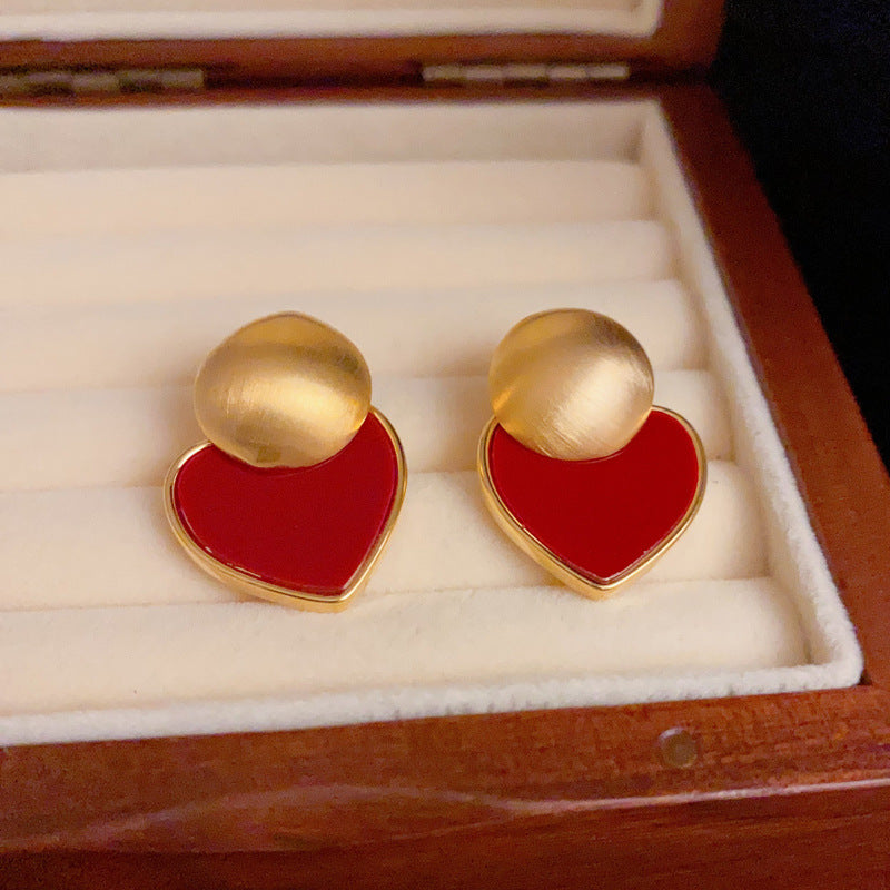 14K Gold-Plated Metallic Brushed Red Heart Earrings - Chic Minimalist