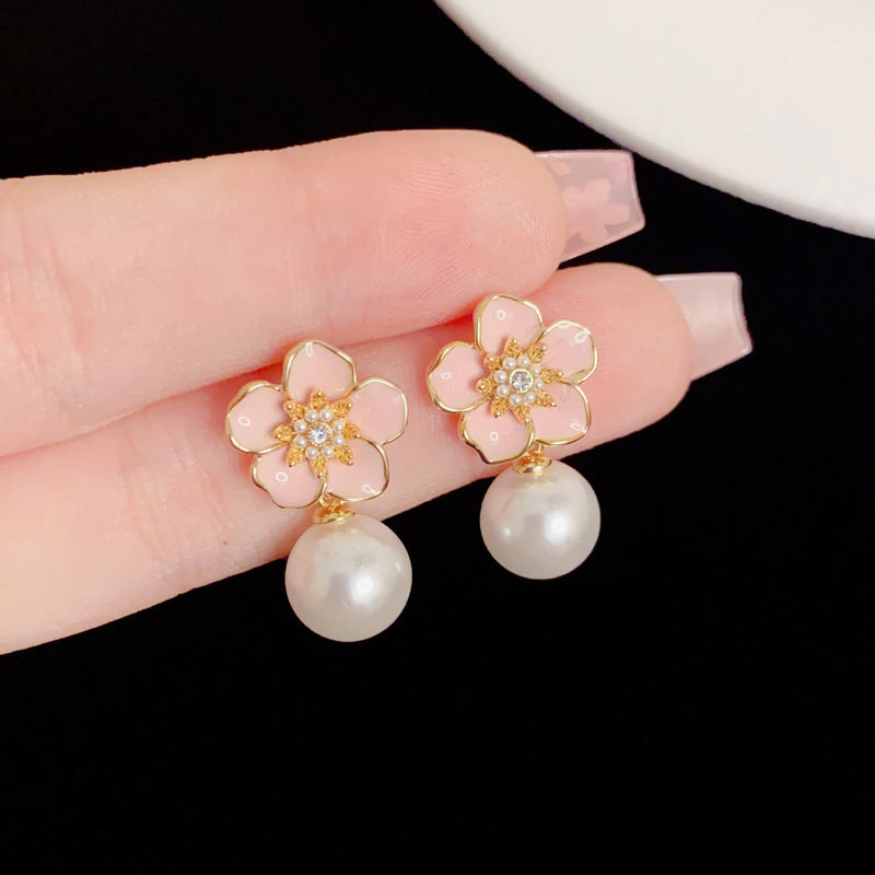 Eaioncol Floral Petal Pearl Drop Earrings Pink