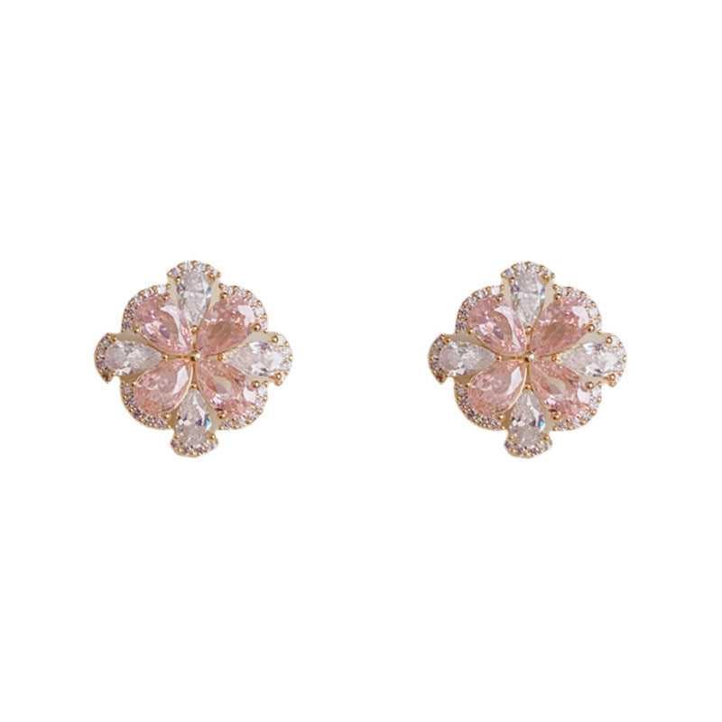 14K Gold Full-Zircon Crystal Petal Stud Earrings – S925 Silver Needle
