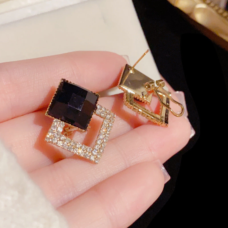 14K Gold Plated Black Crystal Zircon Rhombus Stud Earrings-S925 Silver Posts