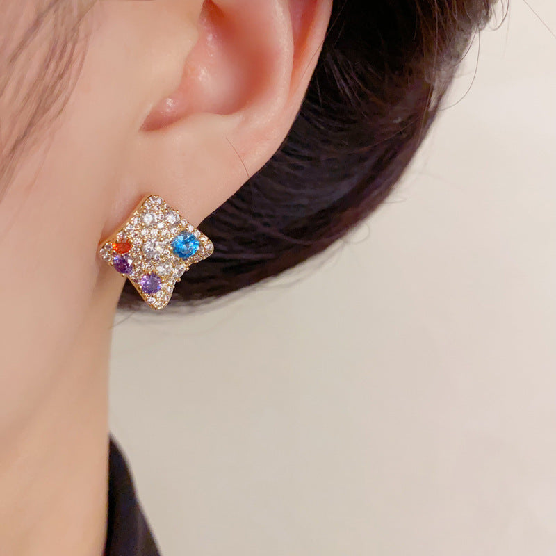 Luxury Full-Zircon Colorful Rhombus Stud Earrings – Sparkle Design