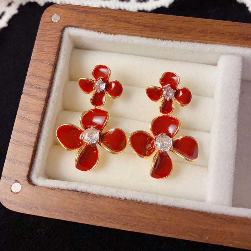 Luxury Enamel Double Petal Tassel Drop Earrings – Floral Design