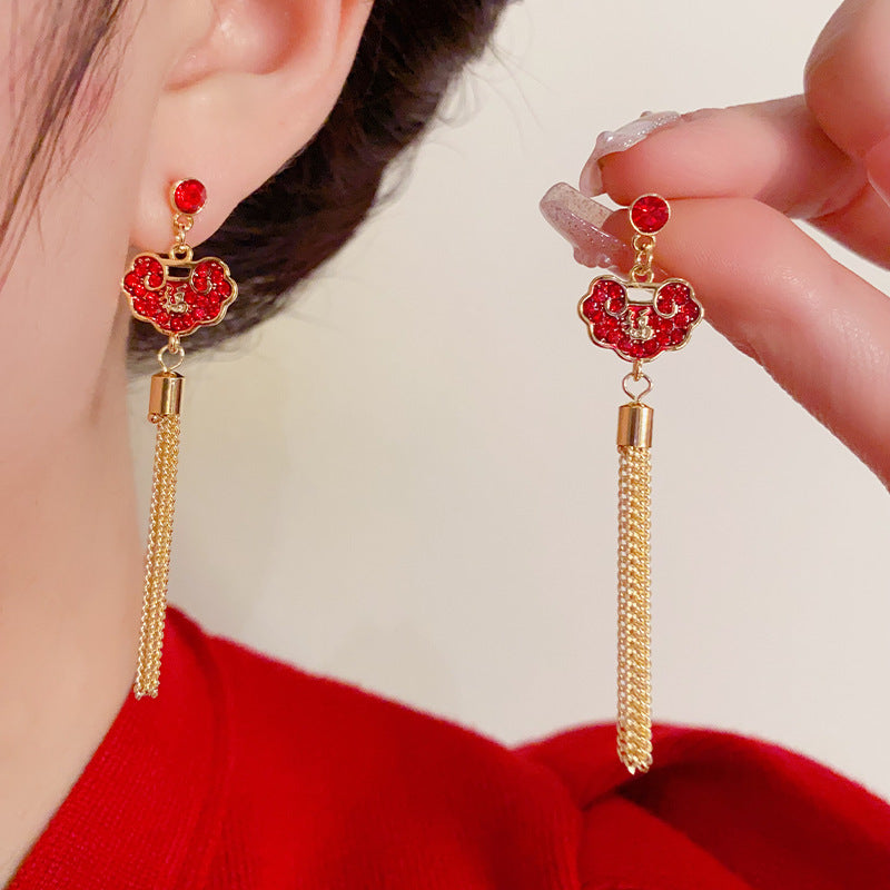 14K Gold-Plated Full Diamond Peace Lock Tassel Earrings -Chinese Style