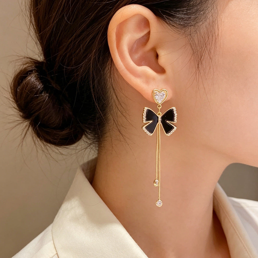 Eaioncol CZ Heart Black Butterfly Tassel Earrings 14K Gold Plated
