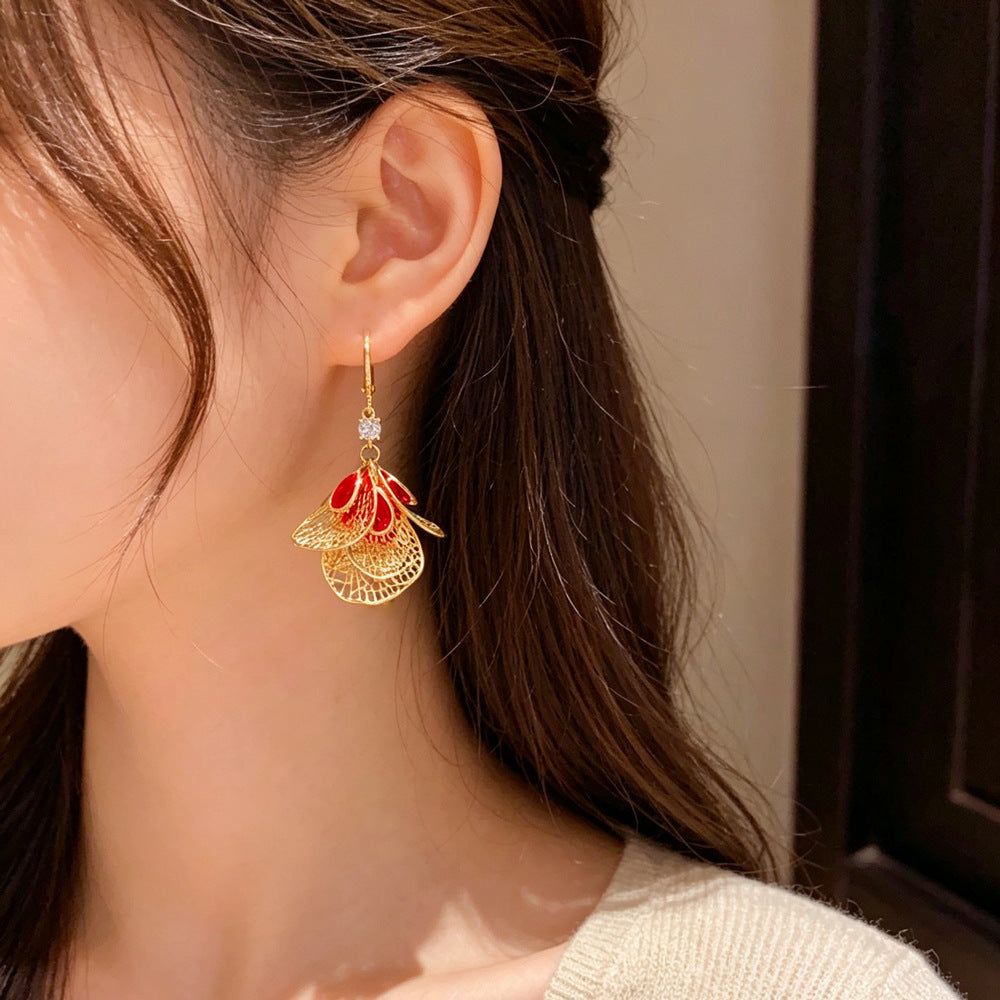 Eaioncol Red Teardrop Petal Tassel Hoop Earrings 14K Gold Plated