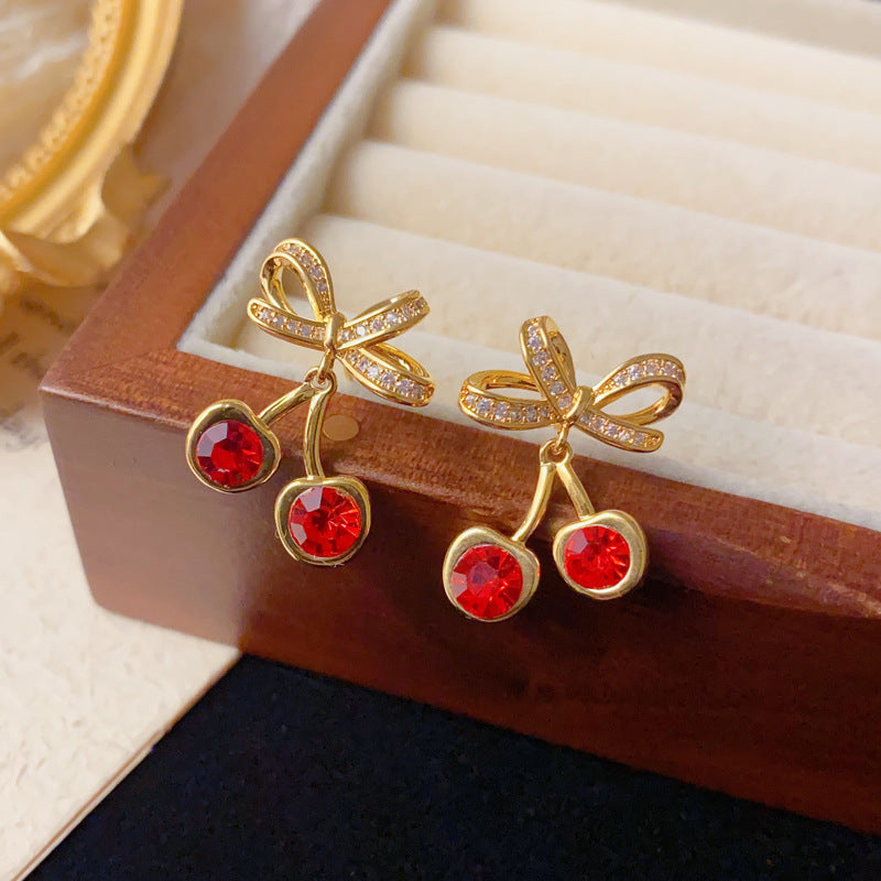 Elegant Zircon Cherry Drop Earrings – Fruit Design