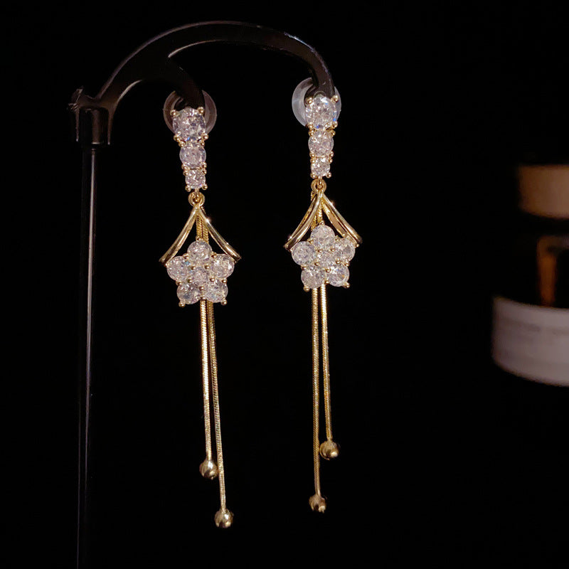 14K Gold-Plated Zircon Star Long Tassel Earrings - Elegant Design