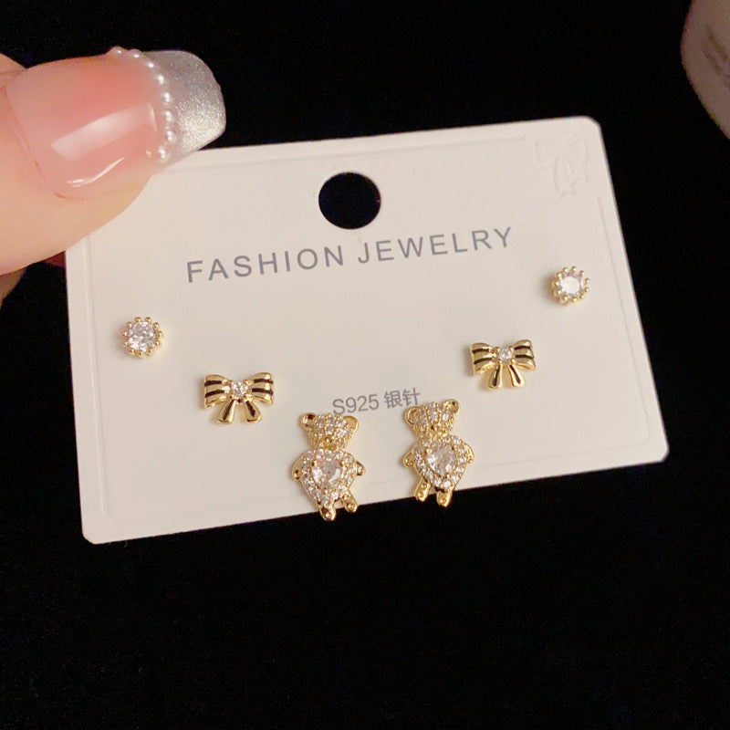 14K Gold-Plated Bear Bow Rhinestone 3Piece Earring Set -Chic & Elegant