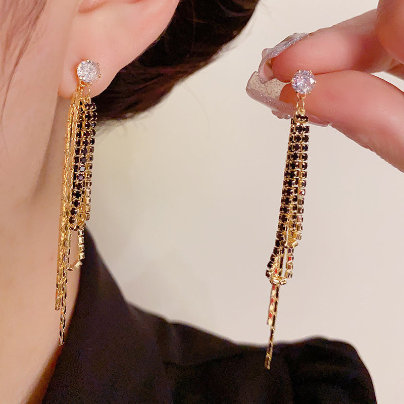 14K Gold-Plated Long Zircon Tassel Earrings - Geometric Elegance