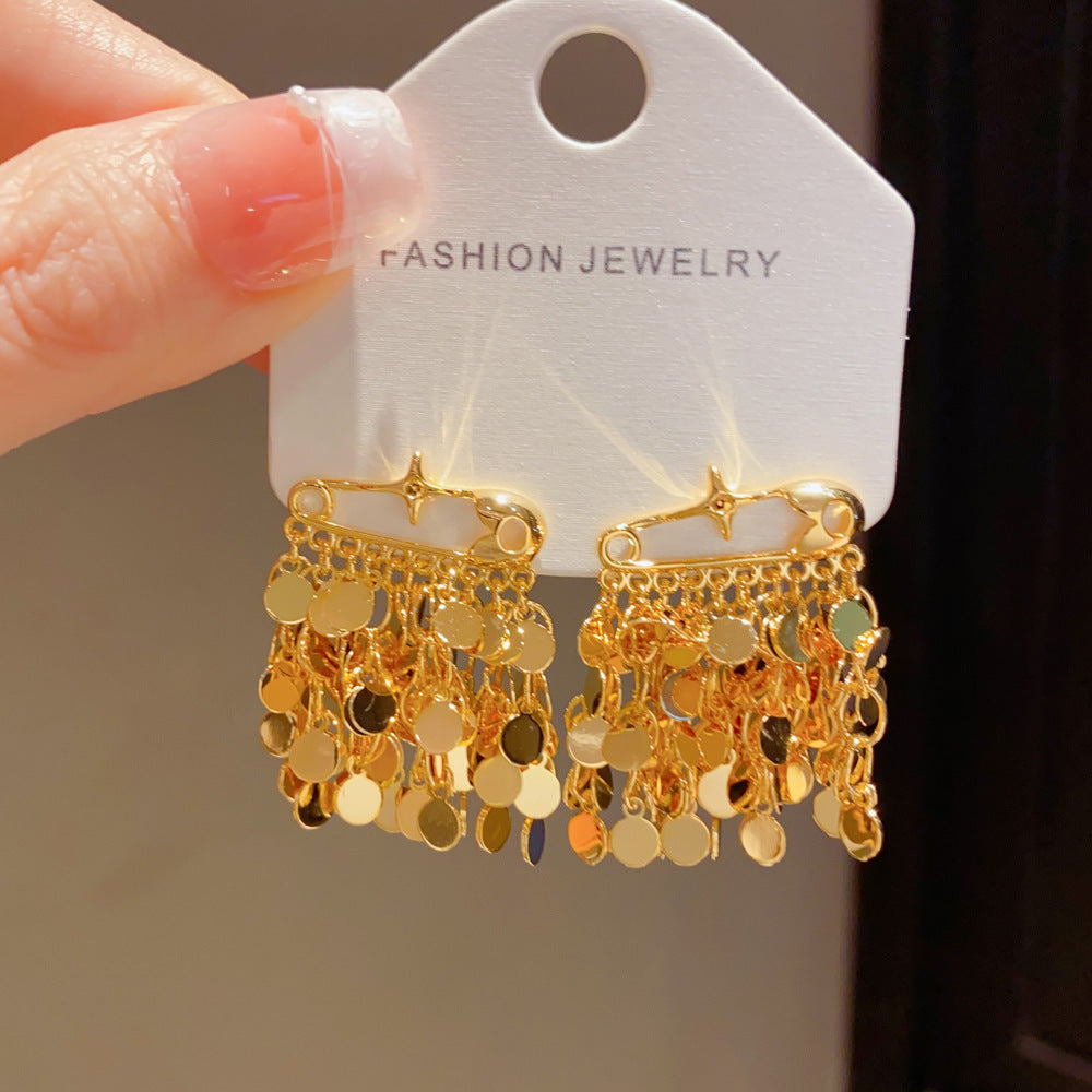 Eaioncol Safety Pin Circle Tassel Drop Earrings Gold Silver