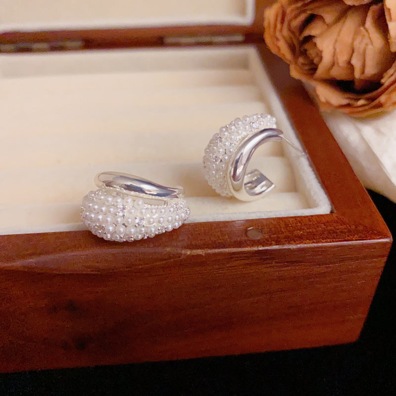 Luxury Zircon & Pearl Double-Layer Stud Earrings – Geometric Design