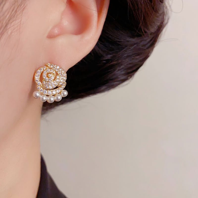Elegant Zircon Camellia Pearl Stud Earrings – Floral Design