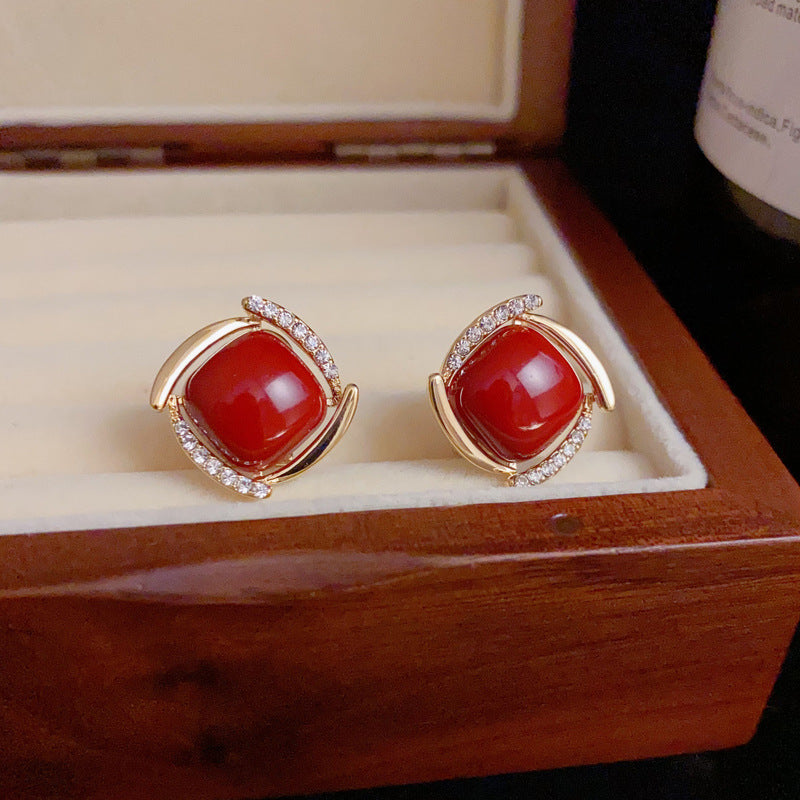 14K Gold-Plated Red Square Pearl Earrings - Vintage Minimalist Design