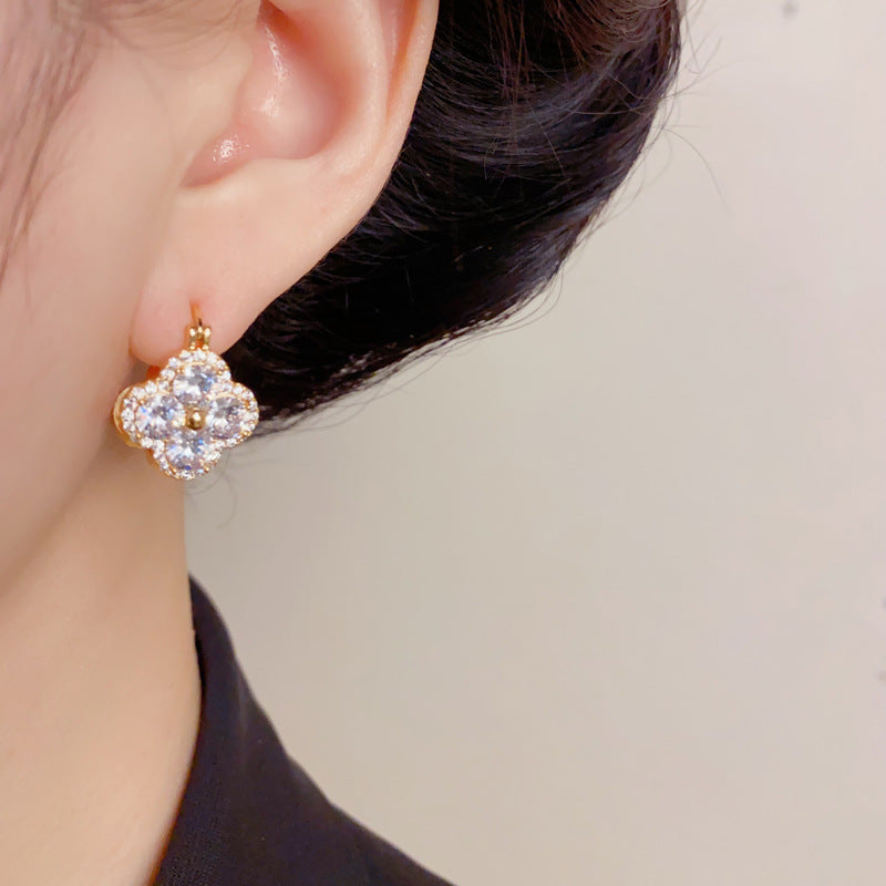 Elegant Double-Sided 4-Leaf Flower Hoop Earrings – Geometric Design